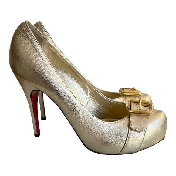 Luciano Padovan Platform Buckle Heels Pumps Size 38.5 Gold - Picture 1 of 7